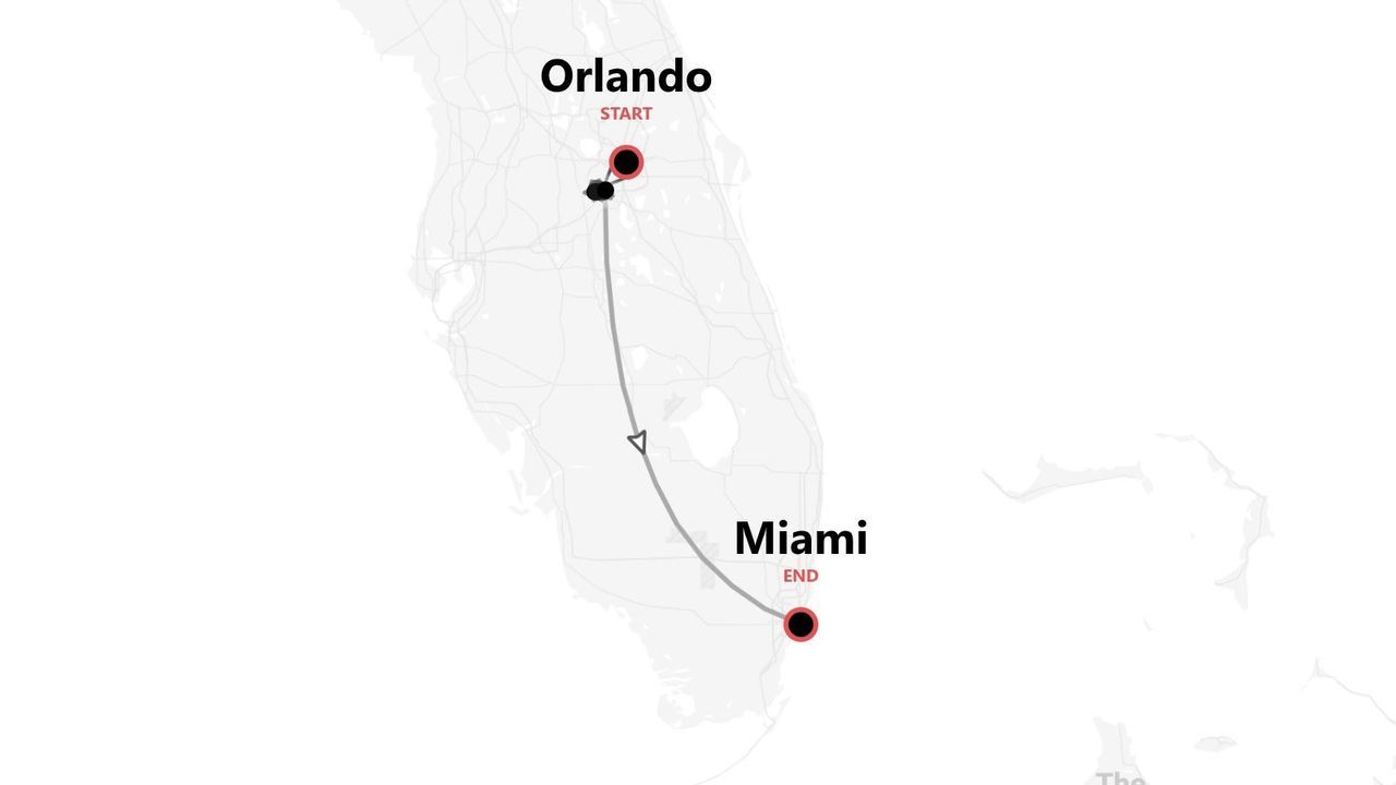 A map of Florida showing a travel route with a start point in Orlando and an end point in Miami.