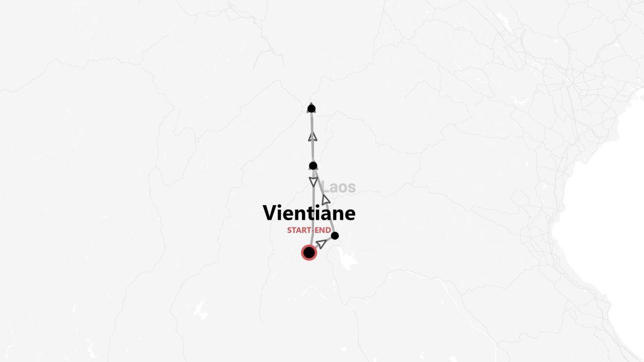Minimalistische Karte mit einer Reiseroute in Laos, Start und Ende in Vientiane.