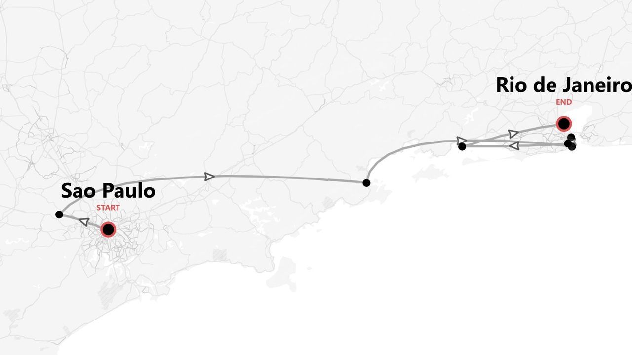 Una mappa che mostra un itinerario di viaggio con partenza da San Paolo e arrivo a Rio de Janeiro, Brasile.