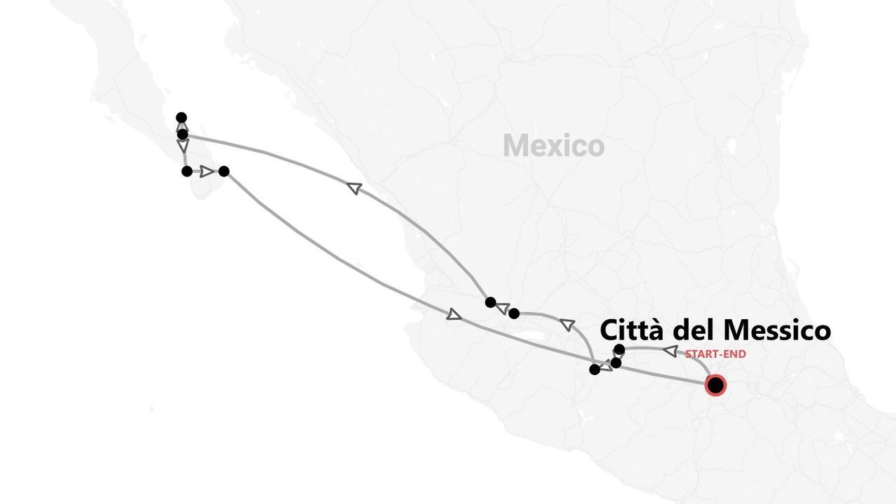 Una mappa del Messico che mostra un itinerario di viaggio con tappe multiple, con inizio e fine a Città del Messico.