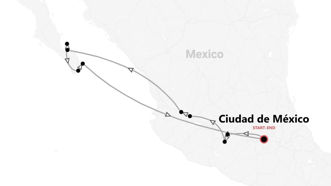 Un mapa de itinerario de viaje por México, con inicio y fin en Ciudad de México, mostrando la ruta con una línea gris.