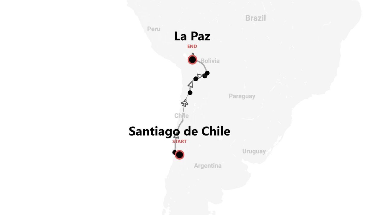 Mapa de Sudamérica: itinerario de viaje de Santiago de Chile a La Paz, Bolivia.