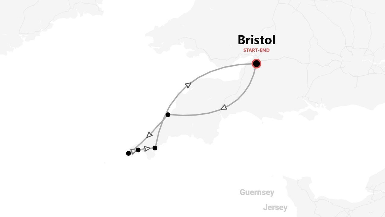 Mappa di un itinerario di viaggio con partenza e arrivo a Bristol, alla scoperta del sud-ovest dell'Inghilterra.