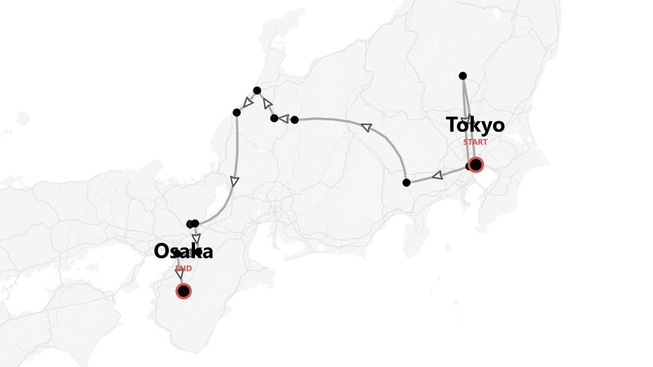 Mappa del Giappone con itinerario di viaggio da Tokyo a Osaka