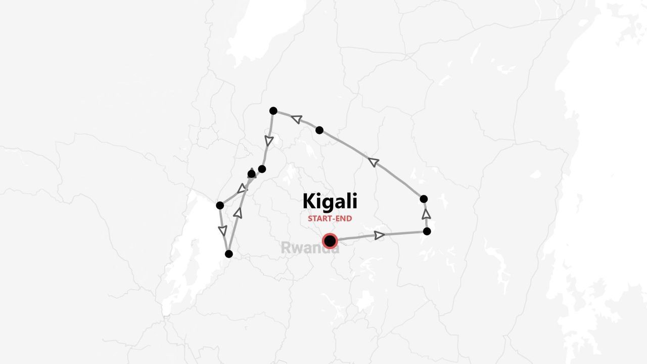 Carte minimaliste d'un itinéraire de voyage au Rwanda, montrant un parcours qui commence et se termine à Kigali.
