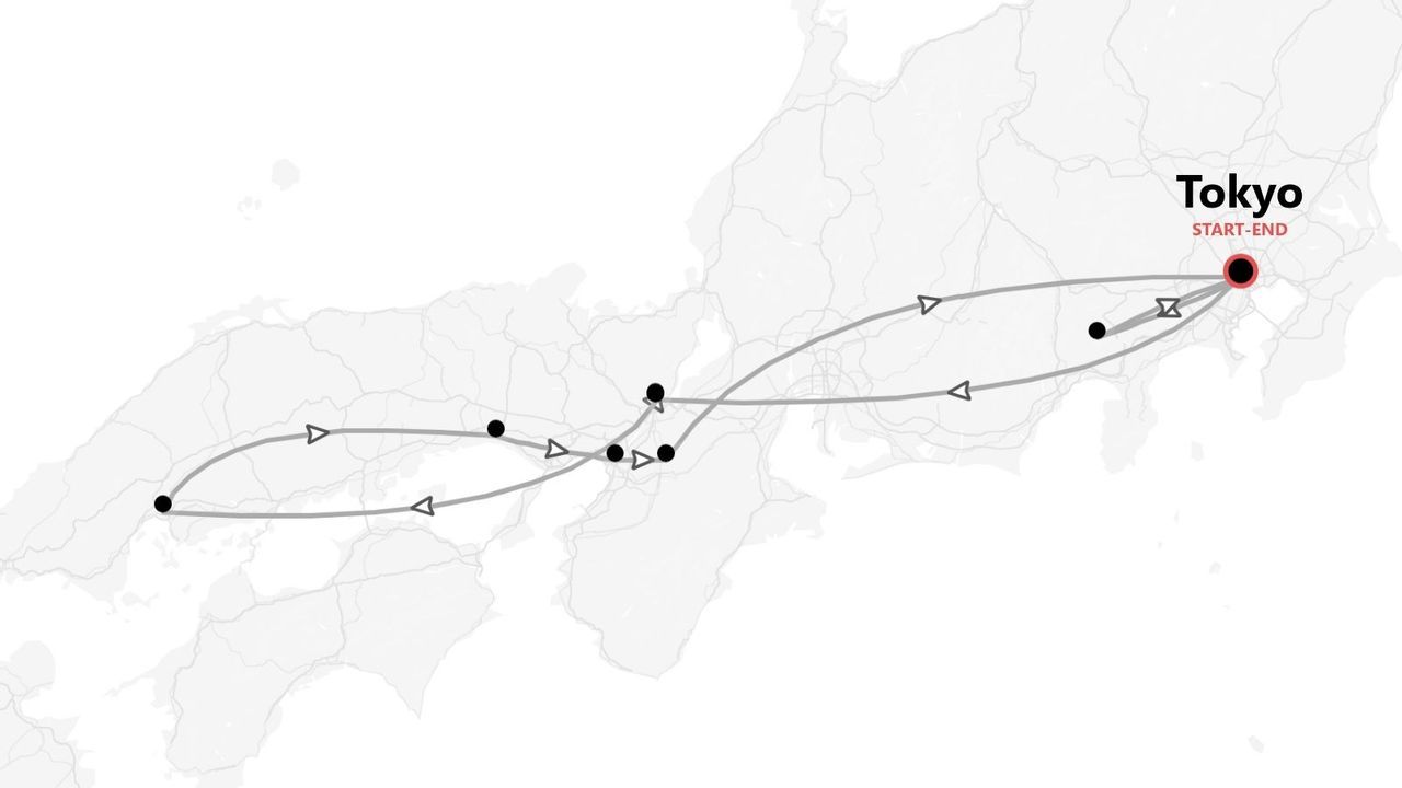 Una mappa che mostra un itinerario di viaggio attraverso il Giappone, con un percorso che inizia e finisce nella città di Tokyo.