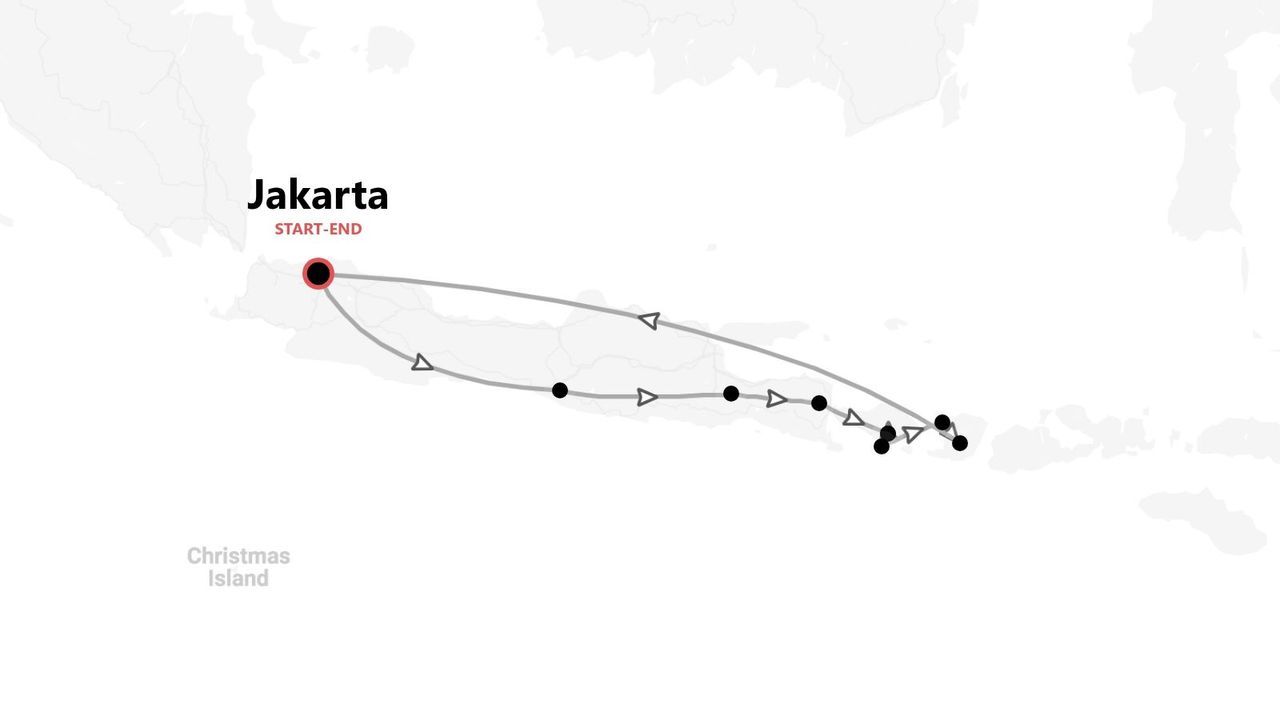 Mappa di un itinerario turistico con partenza e arrivo a Giacarta, che attraversa le isole dell'Indonesia verso est.