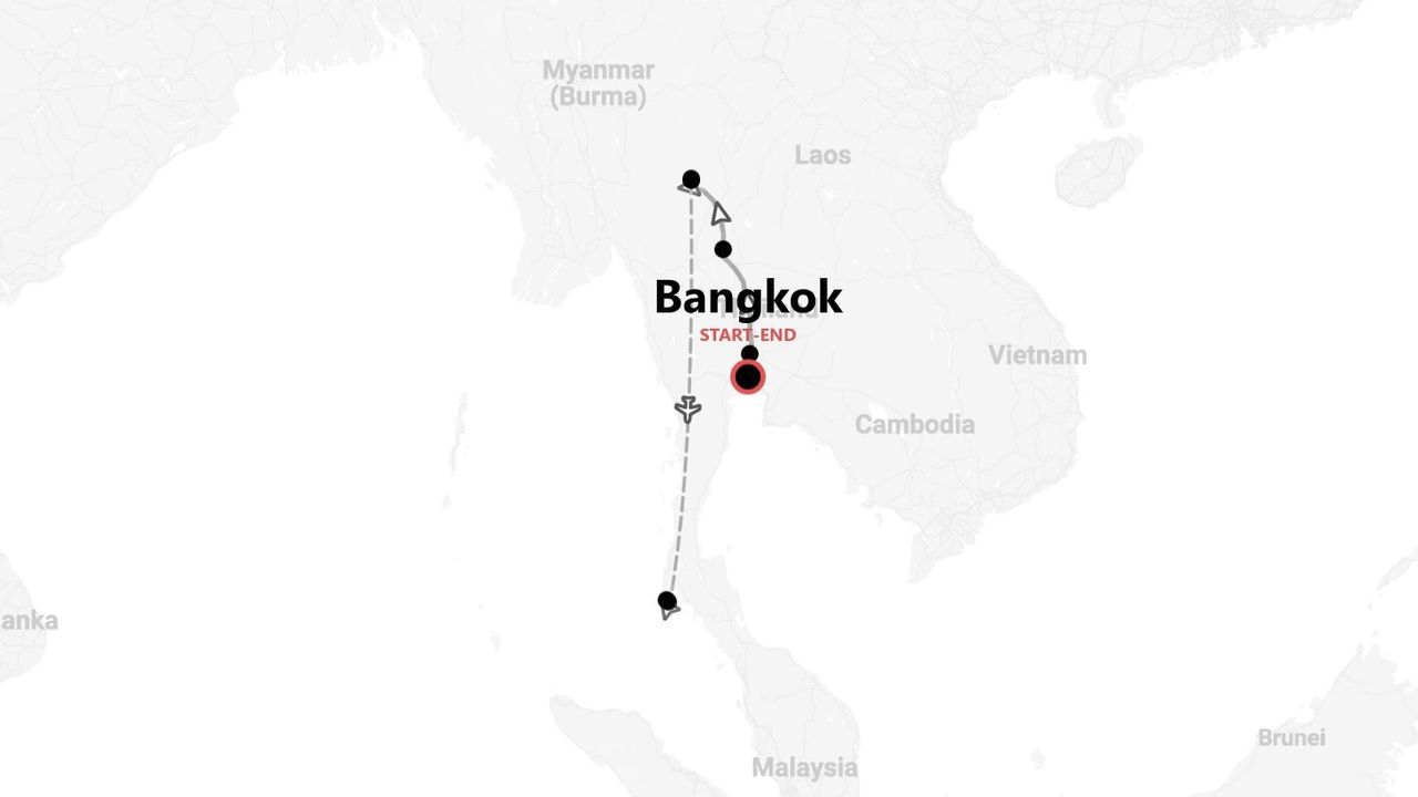 Carte de Thaïlande avec itinéraire de voyage au départ et à l'arrivée de Bangkok, incluant des étapes au nord et au sud.