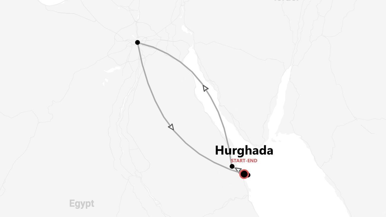Una mappa minimalista che mostra un itinerario di viaggio in Egitto, con inizio e fine a Hurghada e il percorso evidenziato.