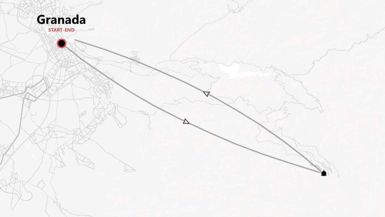 Un mapa minimalista que muestra un itinerario de viaje que comienza y termina en la ciudad de Granada.