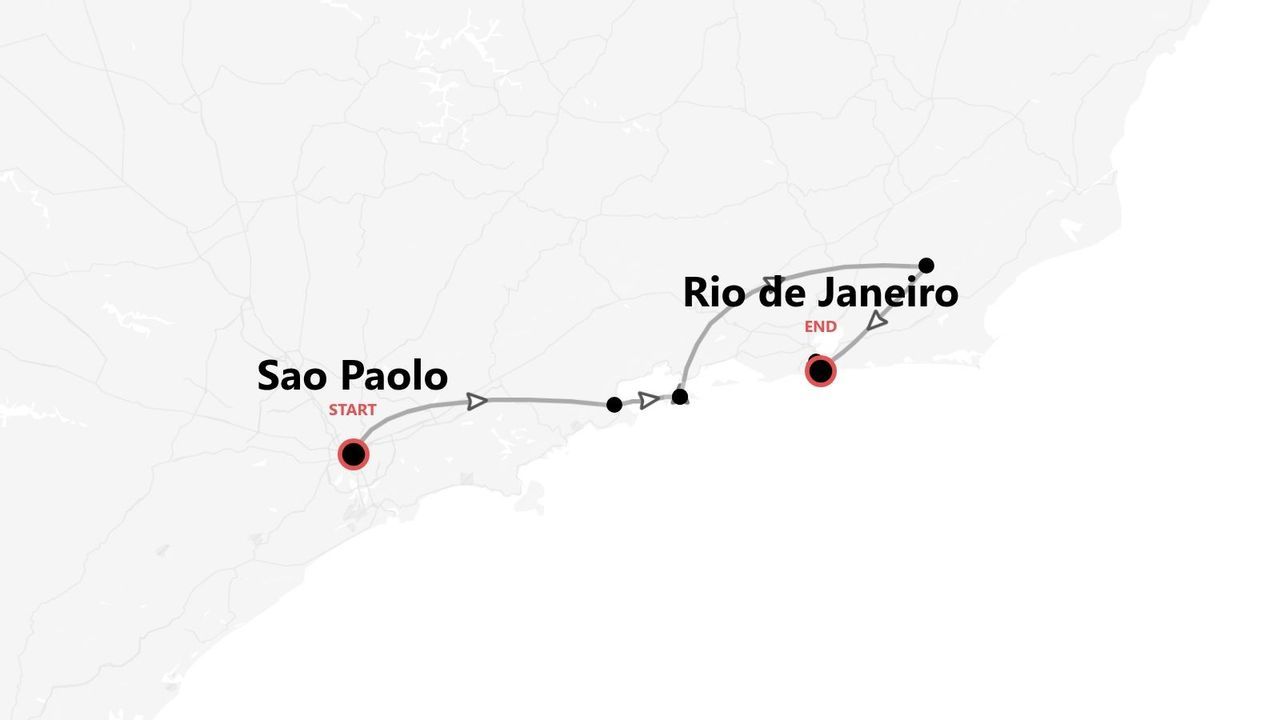 A map showing the travel route from the start point in Sao Paolo to the end point in Rio de Janeiro.
