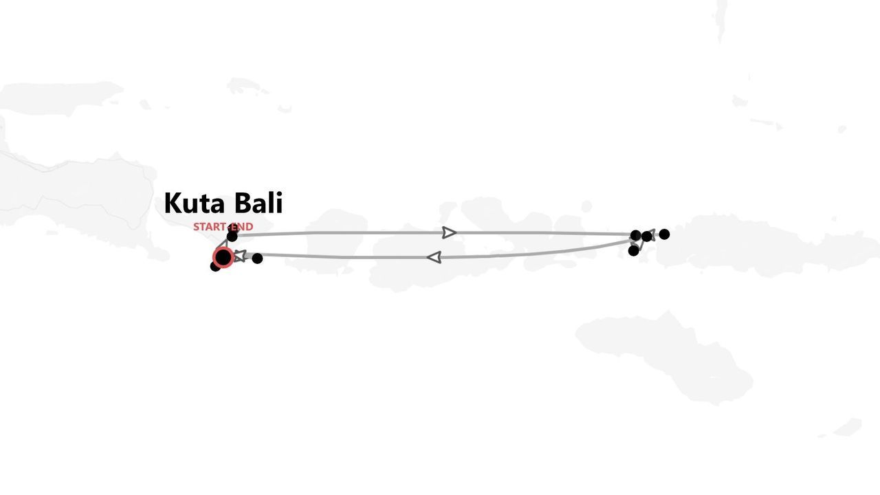 Mappa dell'itinerario di viaggio con partenza e arrivo a Kuta, Bali, e visita delle isole vicine.