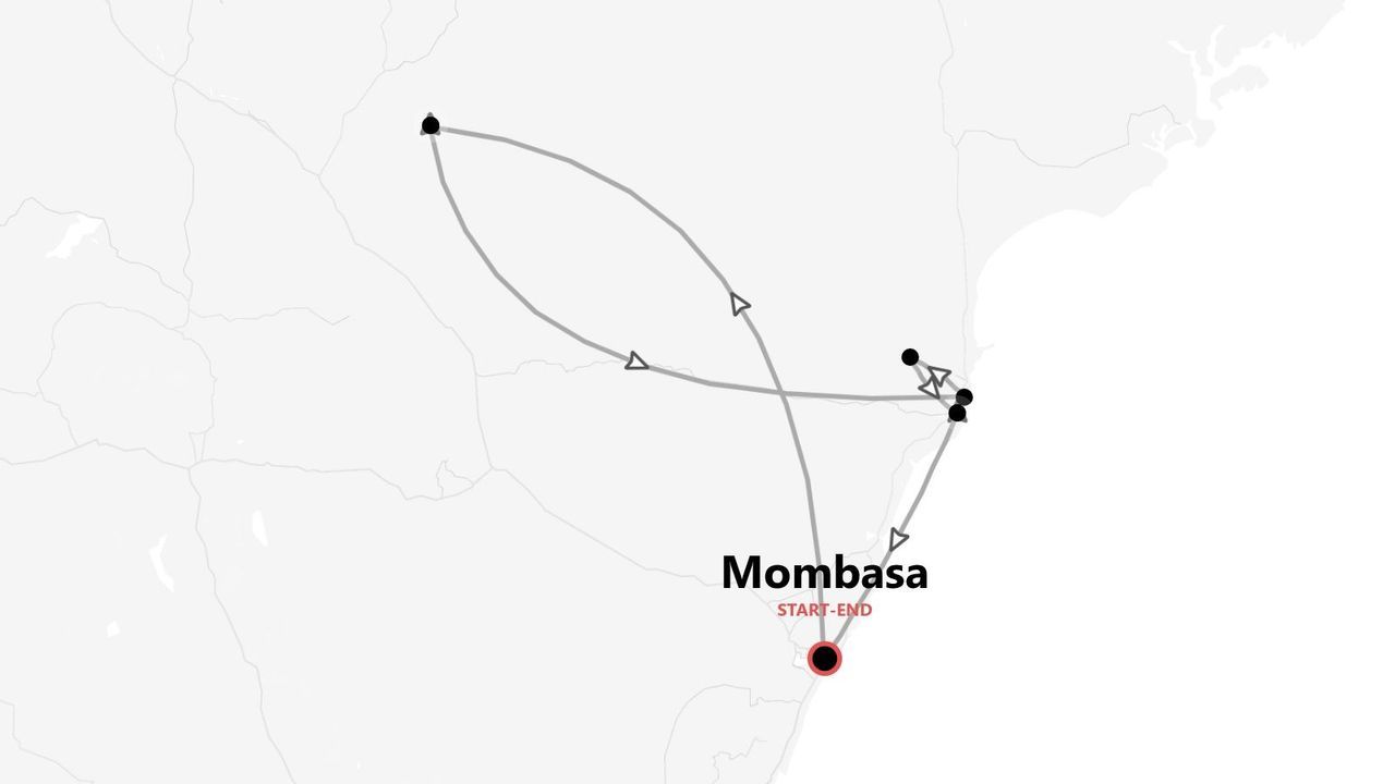 Mappa minimalista che delinea un itinerario di viaggio circolare con diverse tappe, con partenza e arrivo a Mombasa.