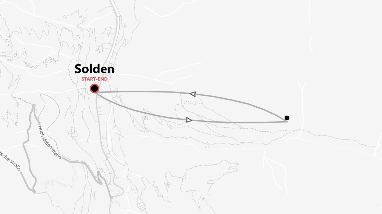 A minimalist map outlining a loop route with a combined start and end point in Solden, marked in red.
