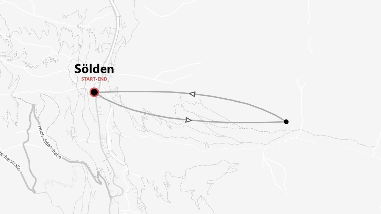 Eine stilisierte Karte, die eine Rundreise mit Start- und Endpunkt in Sölden zeigt.