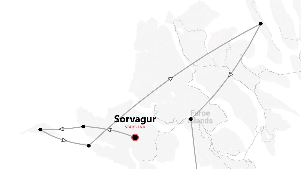 Mappa dell'itinerario di viaggio nelle Isole Fær Øer, con partenza e arrivo a Sørvágur.