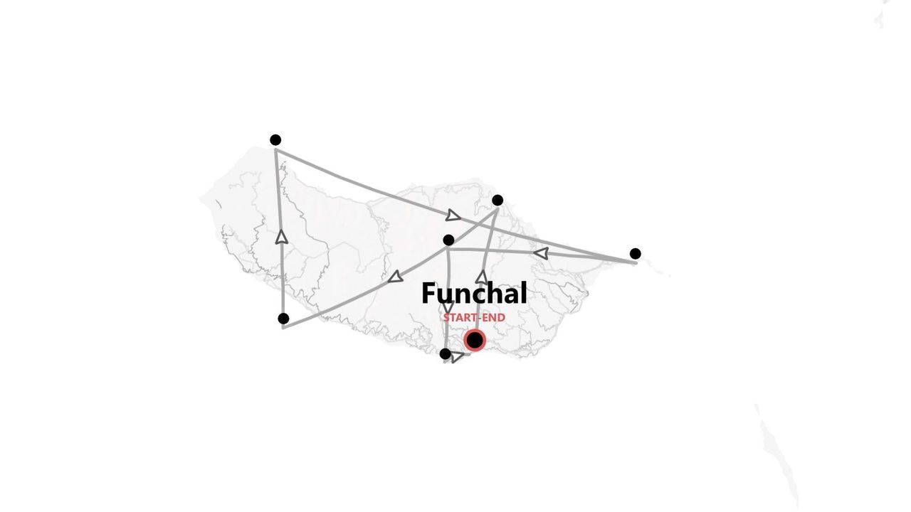 Una mappa in bianco e nero che illustra un itinerario di viaggio attraverso un'isola, con i punti di partenza e di arrivo indicati a Funchal.
