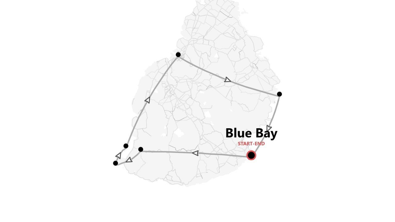 Mappa di un'isola con un itinerario di viaggio. Il percorso è segnato con una linea e frecce, con il punto di partenza e arrivo a Blue Bay.