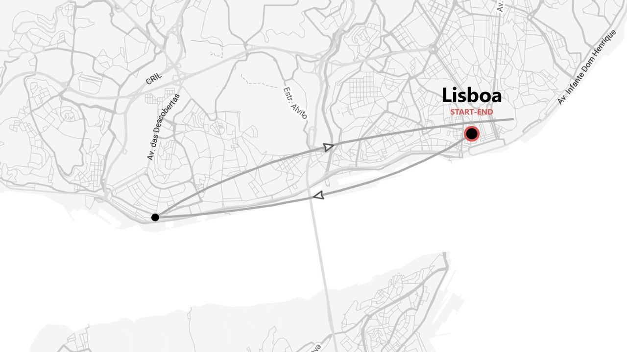 Un mapa callejero estilizado en escala de grises de Lisboa, Portugal, mostrando una ruta de viaje circular con un único punto de inicio y fin.