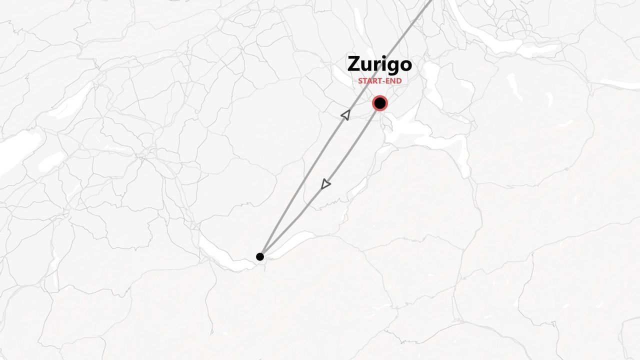 Una mappa minimalista che mostra un itinerario di andata e ritorno con punto di partenza e arrivo segnato come Zurigo.