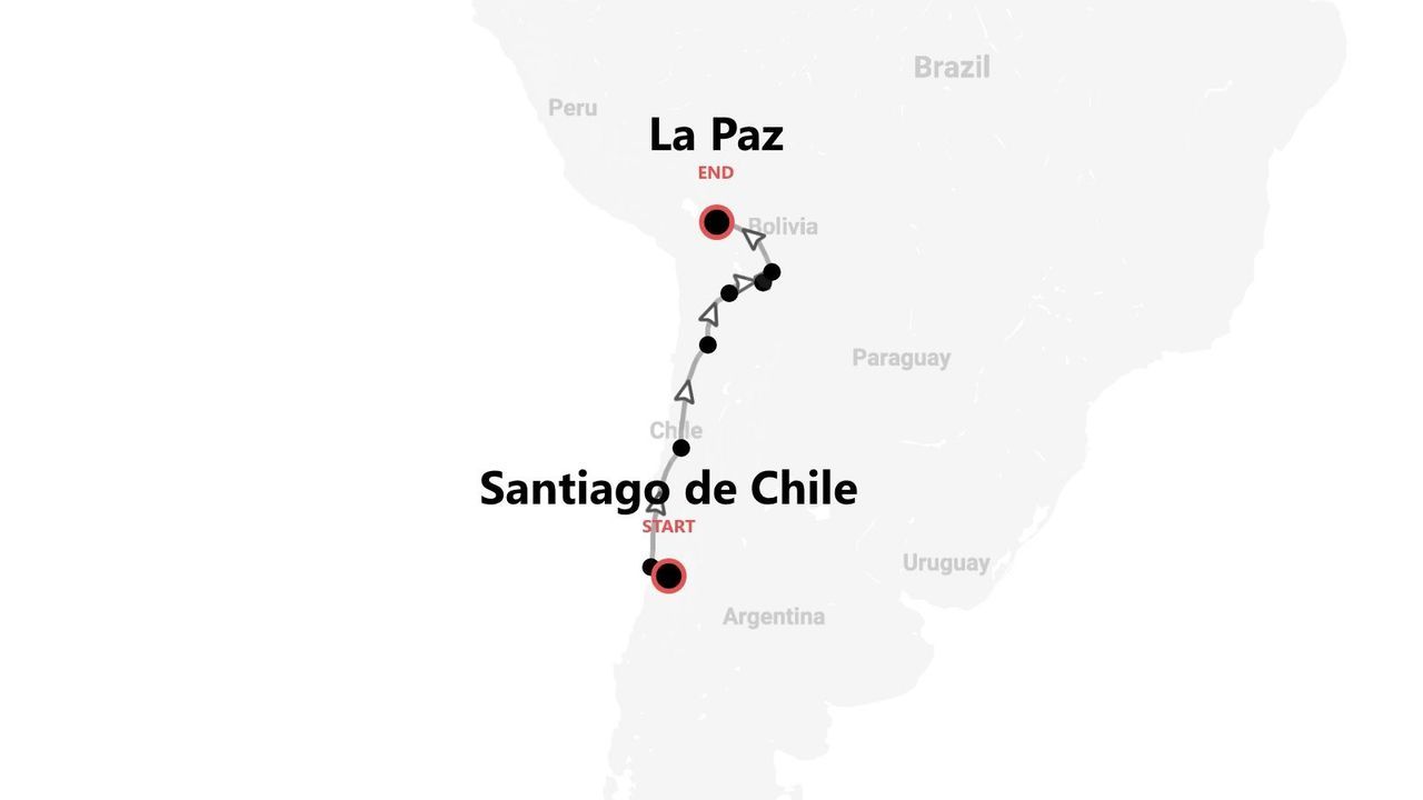 Mapa de Sudamérica con ruta de viaje de Santiago de Chile a La Paz, Bolivia.