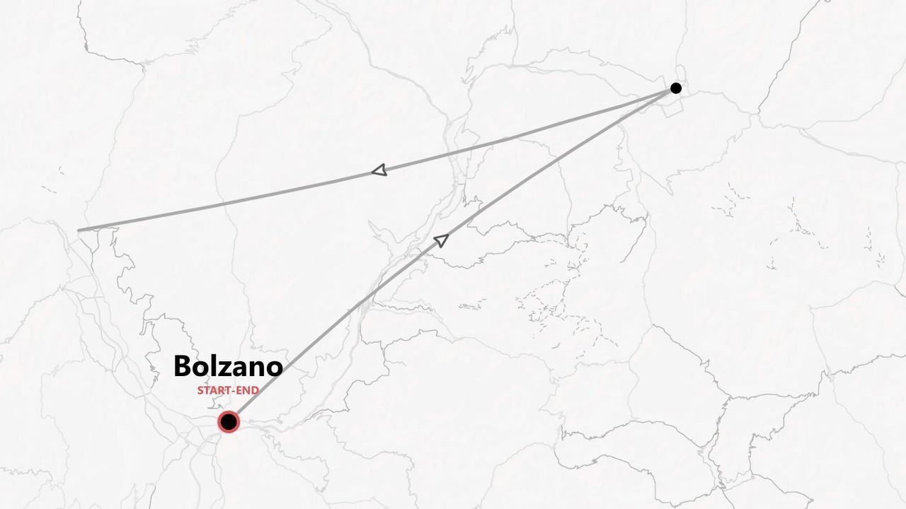 Mappa minimalista di un itinerario turistico con percorso triangolare che parte e termina a Bolzano.
