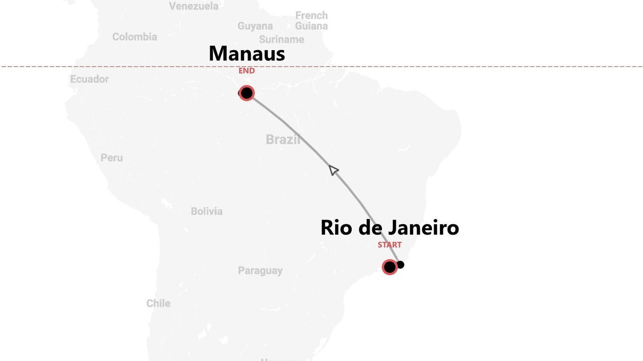 Una mappa che mostra un itinerario di viaggio attraverso il Brasile, con partenza da Rio de Janeiro e arrivo a Manaus.