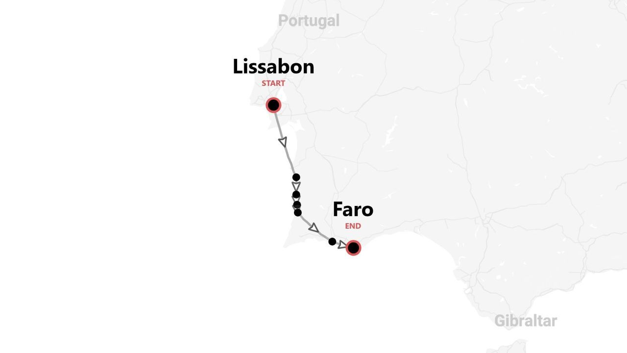 Eine Karte, die eine Reiseroute durch Portugal zeigt, beginnend in Lissabon und endend in Faro.