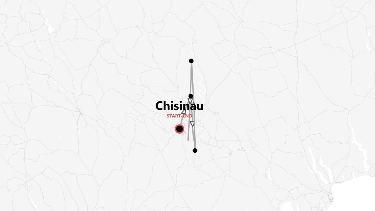 Mappa di un itinerario di viaggio con partenza e arrivo a Chisinau, con il percorso evidenziato.