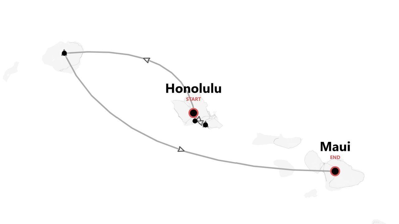 Una mappa minimalista che delinea un itinerario di viaggio alle Hawaii, con inizio a Honolulu e fine sull'isola di Maui.