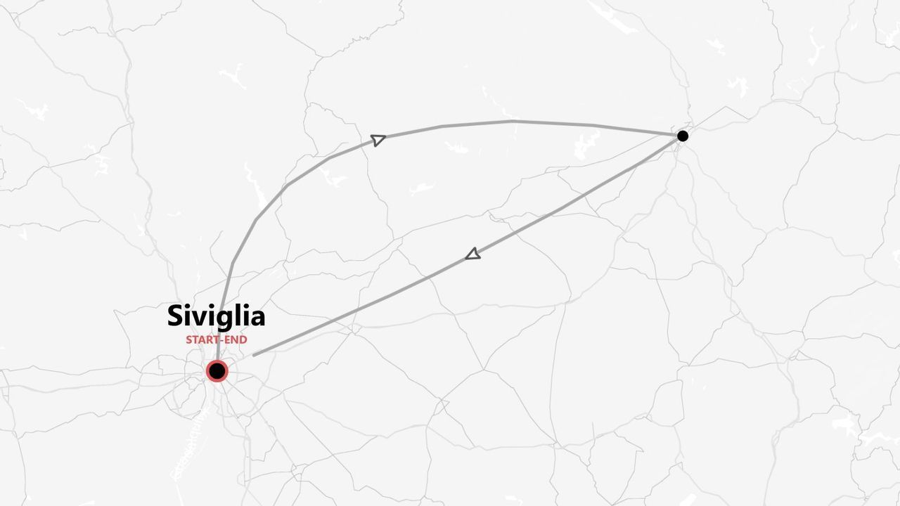 Mappa minimalista che mostra un itinerario di viaggio che inizia e finisce a Siviglia, con due percorsi verso una seconda destinazione.