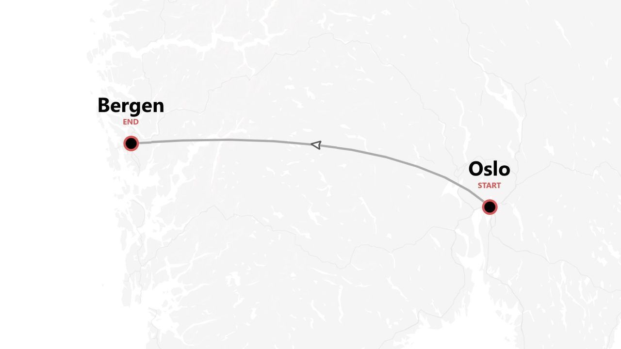 Una mappa che illustra un itinerario di viaggio con partenza da Oslo e arrivo a Bergen, mostrata su uno sfondo topografico grigio chiaro.