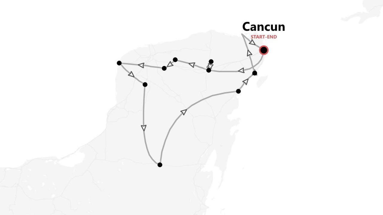 Un mapa que muestra un itinerario de tour que inicia y termina en Cancún, con la ruta indicada por una línea y las paradas marcadas con puntos.