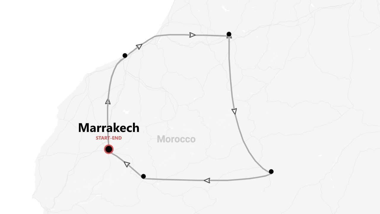 Un mapa en escala de grises que detalla una ruta de viaje por Marruecos, empezando y terminando en Marrakech.