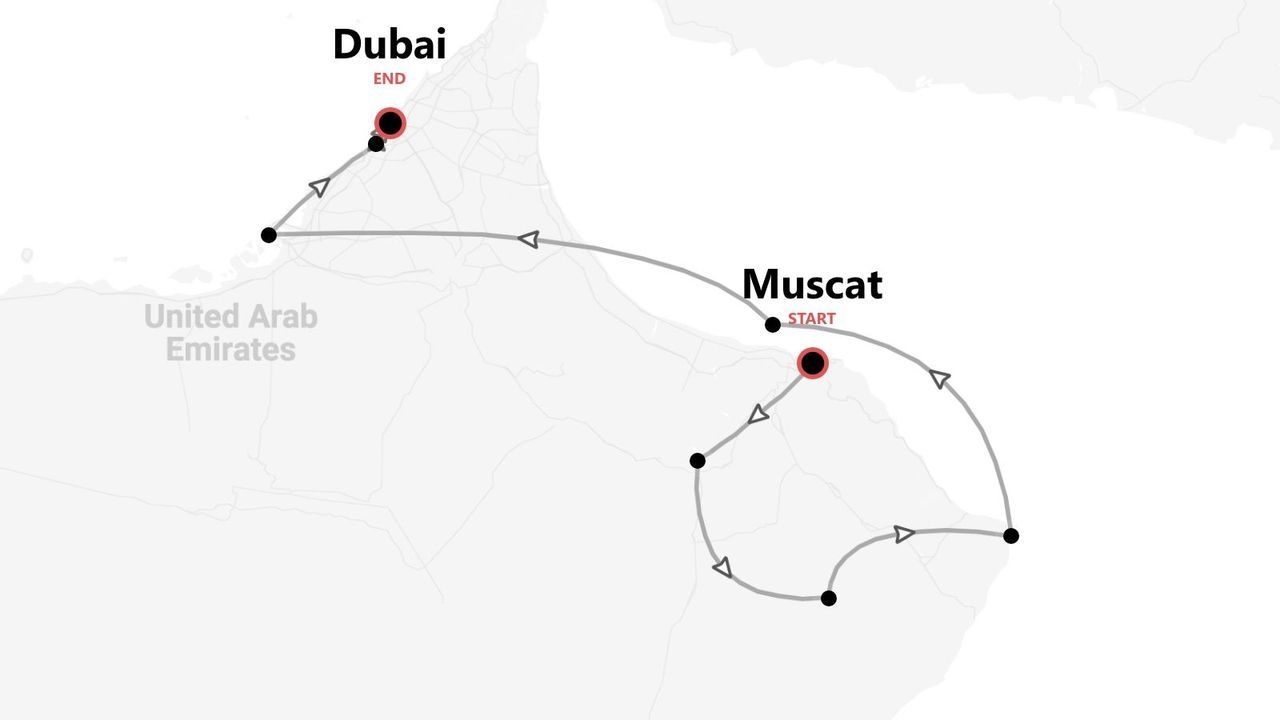 Una mappa di un itinerario di viaggio che inizia a Mascate e finisce a Dubai, passando per gli Emirati Arabi Uniti.
