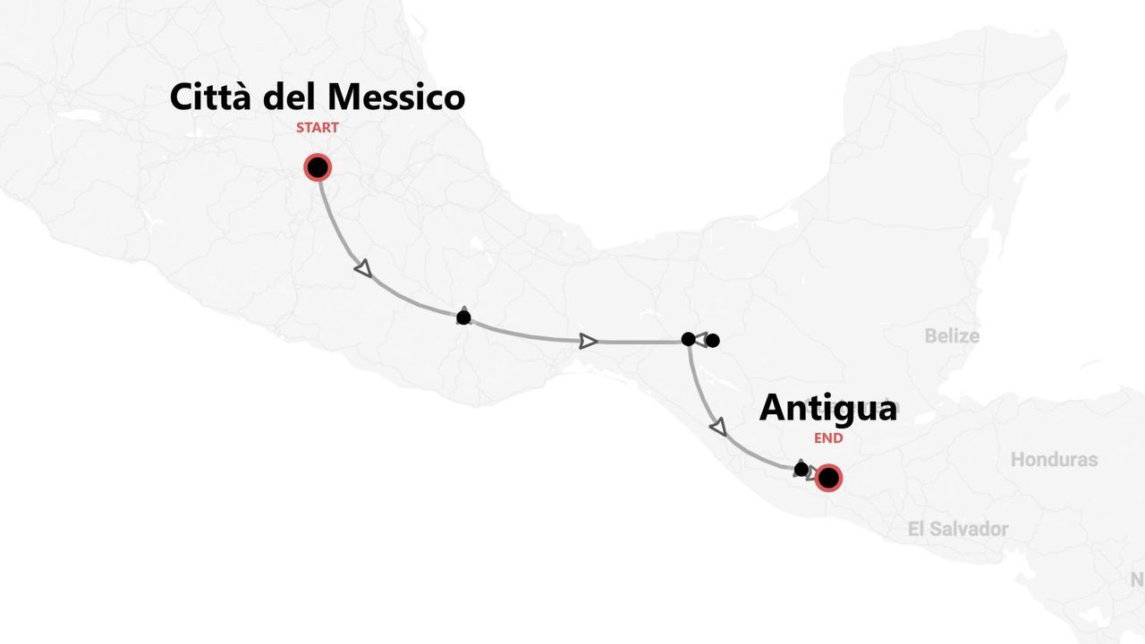 Mappa di un itinerario di viaggio da Città del Messico ad Antigua, attraverso l'America Centrale.