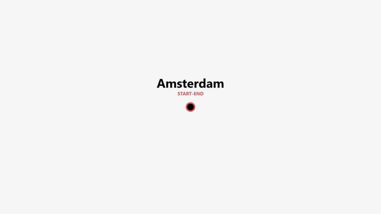 Un'immagine minimalista che raffigura Amsterdam come punto di partenza e arrivo di un itinerario di viaggio, contrassegnata da un'icona circolare.
