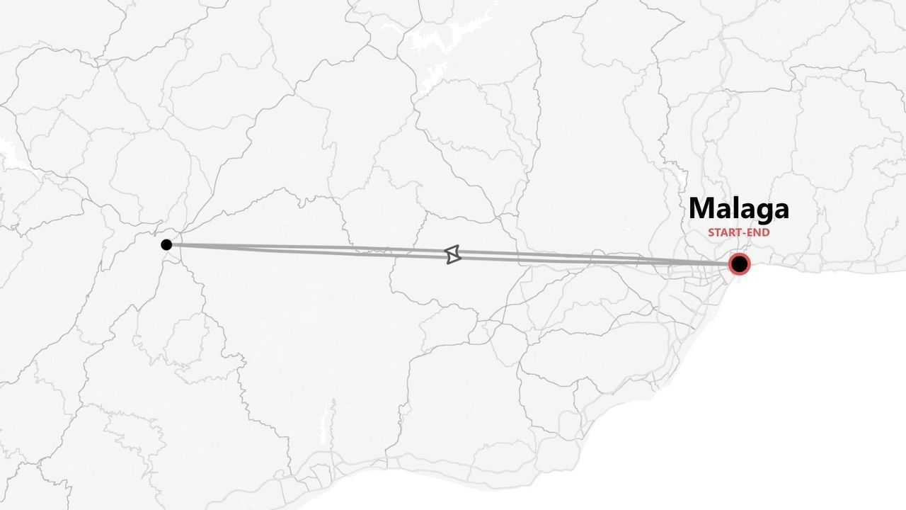 Una mappa stilizzata che mostra un itinerario di viaggio di andata e ritorno con Malaga come punto di partenza e arrivo.