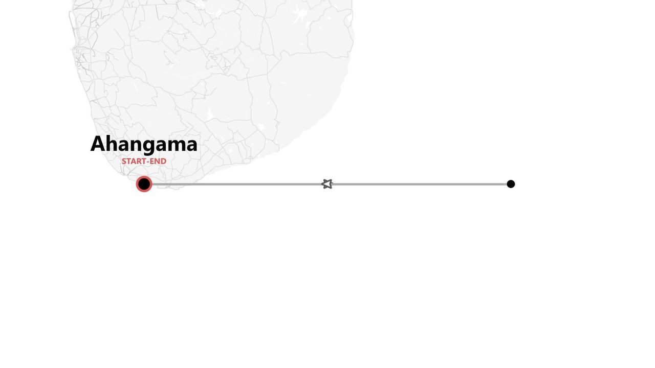 Una mappa che mostra un itinerario di viaggio con partenza e arrivo ad Ahangama, contrassegnato da una puntina rossa su una linea temporale.