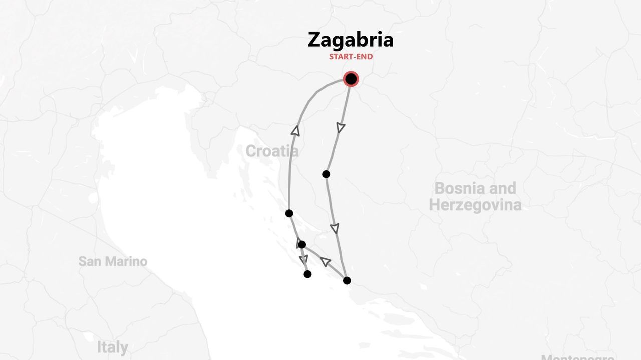 Mappa di un itinerario di viaggio in Croazia, con partenza e arrivo a Zagabria.