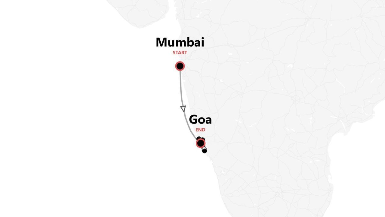 Una mappa minimalista che mostra un percorso di viaggio lungo la costa dell'India, con partenza da Mumbai e arrivo a Goa.
