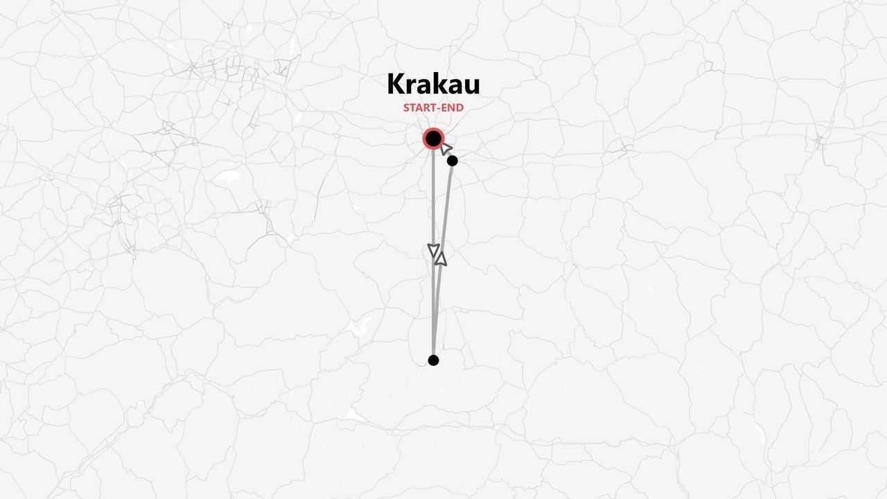 Eine Reisekarte mit einer Route, die in Krakau beginnt und endet.