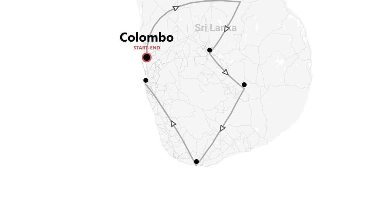 A map illustrating a travel itinerary through Sri Lanka, with the route starting and ending in the city of Colombo.