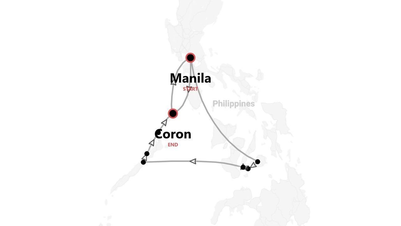 Eine Karte der Philippinen, die eine Reiseroute zeigt, die in Manila beginnt und in Coron endet.