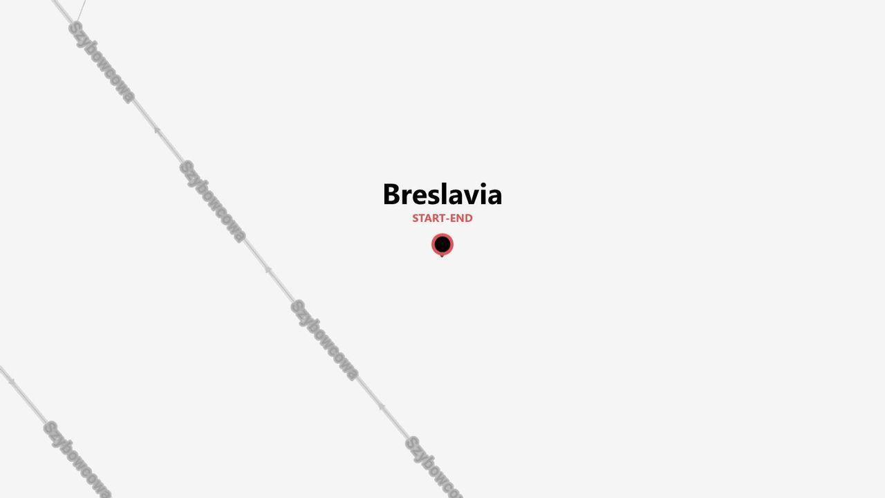 Una mappa stilizzata che mostra Breslavia come punto di partenza e di arrivo, con linee diagonali che rappresentano Via Szybowcowa.