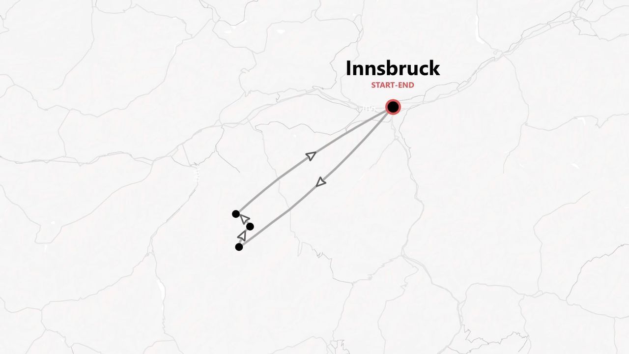 Eine Karte, die eine Rundreise mit mehreren Stationen zeigt, beginnend und endend in der Stadt Innsbruck.