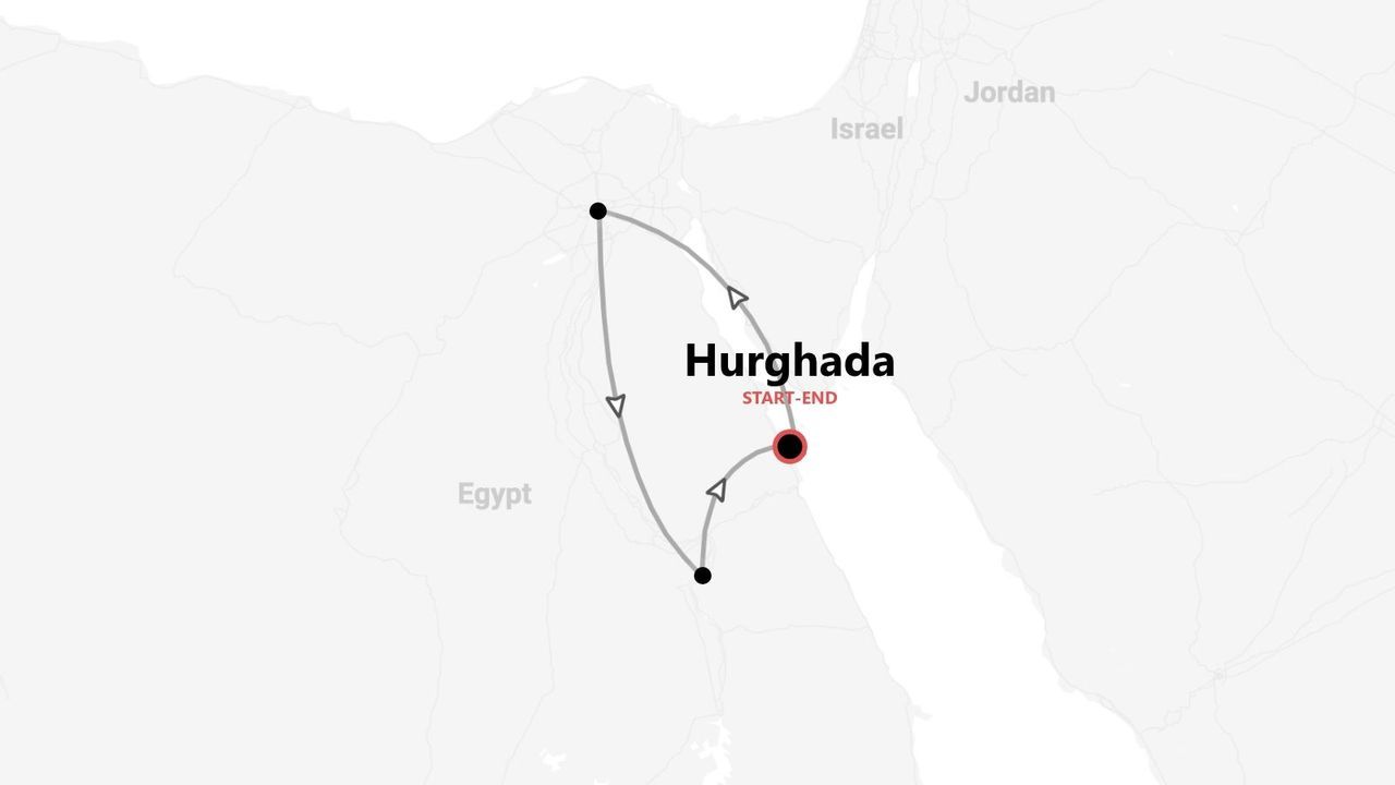 Eine Karte mit einer Reiseroute durch Ägypten, beginnend und endend in Hurghada.