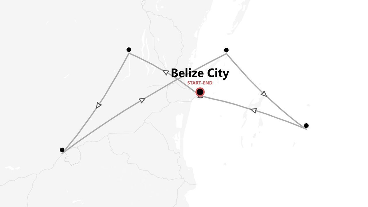 Una mappa minimalista che mostra un itinerario di viaggio in Belize, con il percorso che inizia e finisce a Belize City.