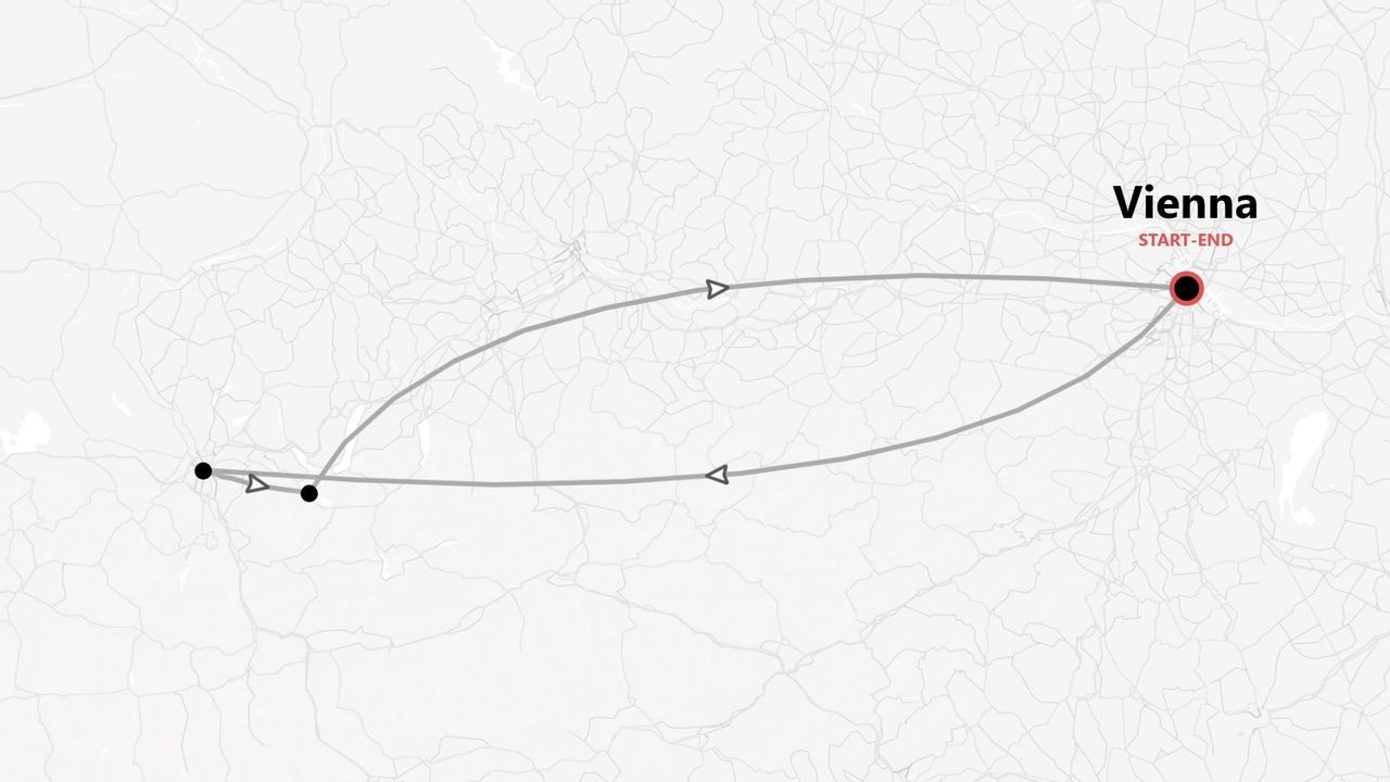 Una mappa minimalista che mostra un itinerario di viaggio ad anello con diverse tappe, con partenza e arrivo a Vienna.