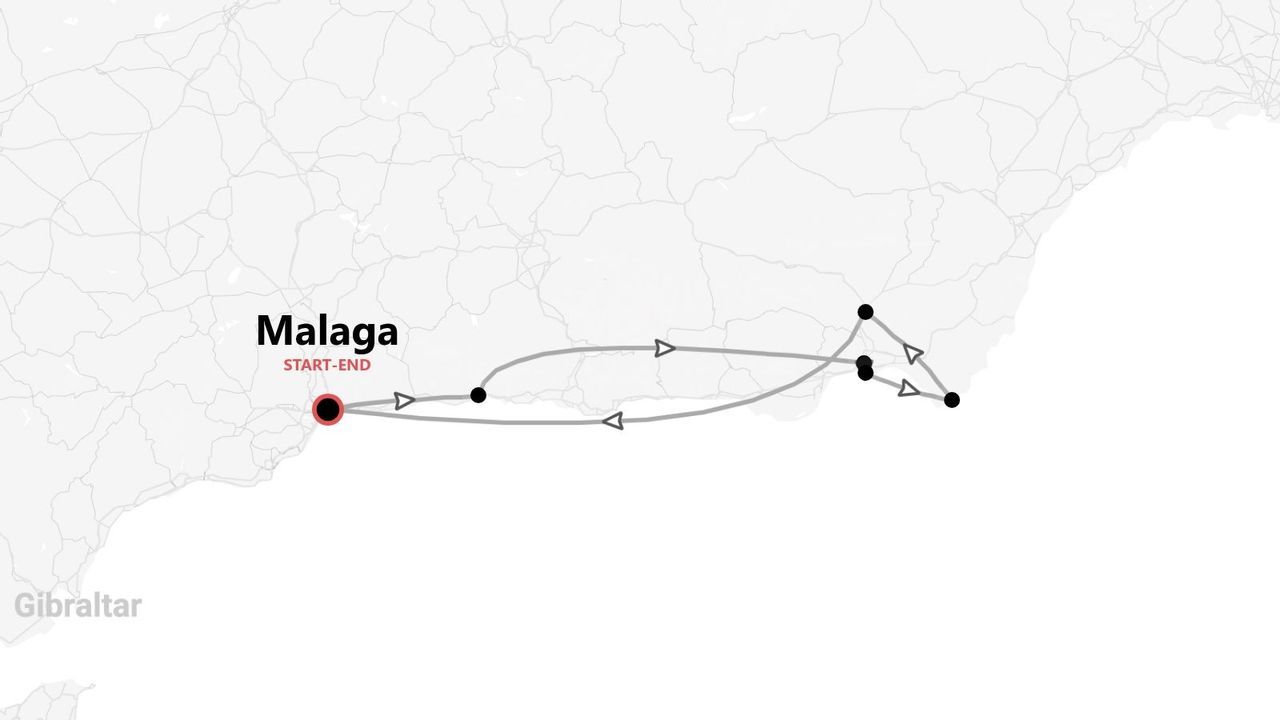Mappa minimalista della Spagna meridionale con itinerario di viaggio da e per Malaga.